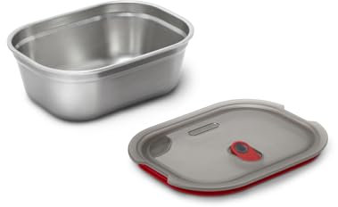 BLACK + BLUM - Lunch Box Rectangulaire Hermétique - Boîte Repas Inox Compatible Micro-Onde, Lave-Vaisselle, Four et Congélateur - Couvercle Sécurisé - 600ml - Gris/Rouge