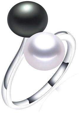 BISONBLUE Anello Anelli Gioielli Donna Uomo Regalo Anello Con Perla D'Acqua Dolce Naturale Nera Anello Nuovo Regolabile Per Regali Da Donna Bianco Nero Ridimensionabile