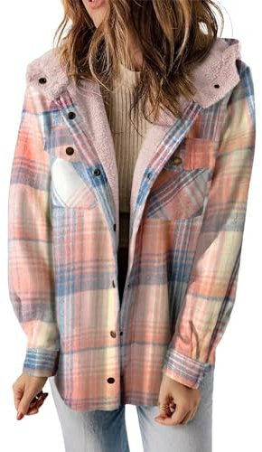 Iuyhau Womens Sherpa Lined Flannel Jacket with Pockets Plaid Button Down Oversized Fuzzy Shirt Jackets Hooded Warm Coat Sherpa Fleece Warm Heavyweight Sweatshirt for Women (Sherpa Fleece Throughout)