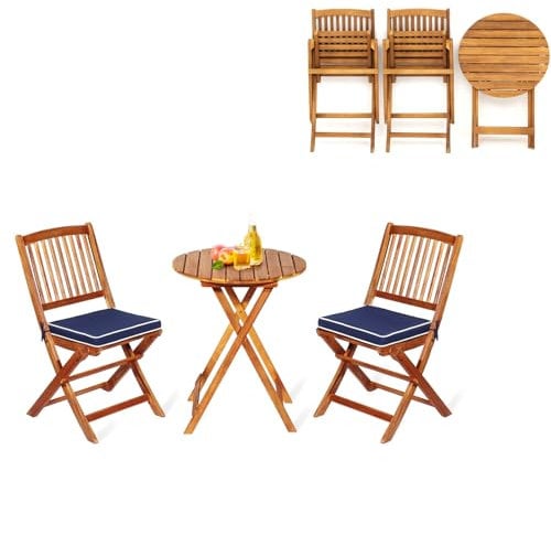 KOMFOTTEU Set da Bistrò Pieghevole, Tavolo Portato 40 kg, Sedie con Cuscini Portato 160 kg, Set Giardino, Set Tavolo e Sedie da Giardino, Set da Esterno per Balcone (Cuscini Blu)