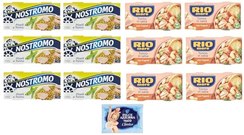 12er-Pack Testpaket Rio Mare Thunfisch und Bohnen + Nostromo Thunfisch und Erbsen Fertiggericht, 2x150g + 1er-Pack Kostenlos Felce Azzurra Talkumpuder, 100g-Beutel