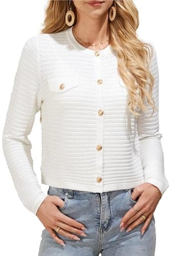 GRACE KARIN Donna Cardigan a Contrasto Manica Lunga Collo Tondo Bottoni Maglia in Viscosa Elasticizzata con Tasche