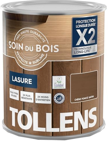 Tollens - Lasure - Ultra Résistante - Adhérence Renforcée - Protège et Décore - Protection Anti-UV - Technologie LONG-LIFE - Satin - Chêne Foncé - 1 L