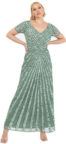 Maya Deluxe Womens Maxi Ladies Embellished Sequin Long Short Sleeve V Neck High Empire Waist Cut Shiny Prom Wedding Bridesmaid Dress Deep Mint Size 18