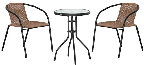 Outsunny Salon de Jardin bistrot, Ensemble bistrot de Jardin 3 pièces Cadre en Acier 2 fauteuils + 1 Table Basse Plateau en Verre trempé Marron et Noir
