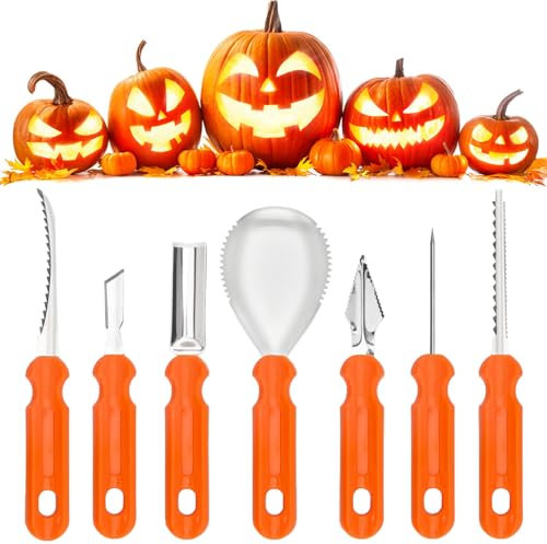 BOOSHMall 7 Stück Halloween Kürbis Schnitzset, Professionelle Edelstahl Kürbis Schnitzwerkzeuge, Werkzeuge zum Aushöhlen von Kürbissen, für Erwachsene und Kinder DIY Kürbis Halloween Dekoration