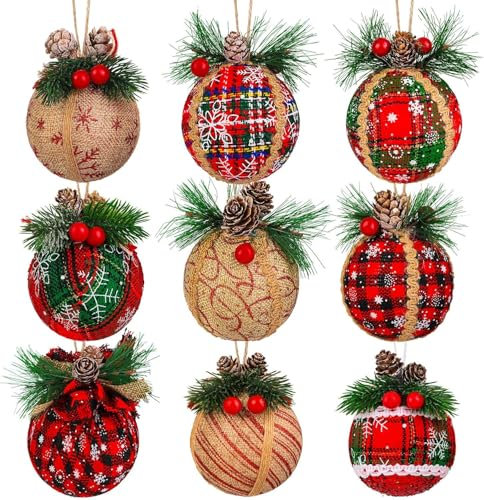 KAHEIGN 9Pcs Christmas Baubles, 8CM Burlap Christmas Ball Ornaments Shatterproof Christmas Hanging Balls Sets for Christmas Tree Holidays Home Xmas Party Decoration (9 Styles)
