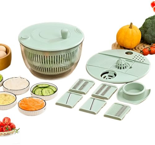 Large Salad Spinner - 5.3 Qt, Grater with Container and Lid & Kitchen Gadget set, Vegetable Dryer Grater Slicer, with Large Mixing Bowl, Anti-Slip Base, Stop Button (Light Green)