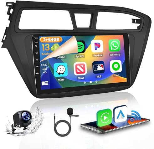 Hikity 2+64GB Android 15 Radio Coche para Hyundai i20 2015-2018 Radio CarPlay Android Auto Inalámbrico Bluetooth Manos Libres Auto Radio con 9 Pantalla Táctil WiFi GPS FM SWC AHD Cámara Trasera