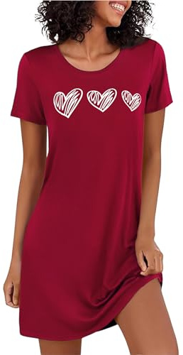 Marvmys Chemise De Nuit Femme en Coton Robe De Nuit à Manches Courtes Vêtement De Nuit à Imprimé Cœur à Col Rond S-3XL | Chemise de nuit à manches courtes, luxueuse, douce au toucher, col en V, vêtements de nuit, chemises de nuit d'été
