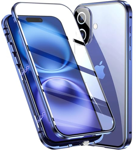 Colala Hülle für iPhone 16 Magnetische Adsorption Handyhülle Hartglas mit Vorderseite und Rückseite,Metallrahmen Hülle mit Eingebaut Magnet,Ultra Dünn 360 Grad Schutzhülle,Blau