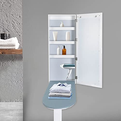 Foldable Wall Mount Ironing Board Cabinet, Wall Mounted Ironing Board with 4 Storage Cabinet, Built-in 180° Swivel Ironing Board Wall Mount Ironing Board Cabinet with Mirror, Bearing Capacity 22lbs(Wi
