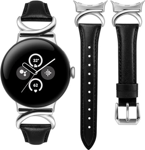 Minyee Bracelet en cuir compatible avec Google Pixel Watch 3 41 mm/Pixel Watch 2/Pixel Watch 1 pour femme, fin et habillé avec boucle en métal en forme de C pour montre Pixel 2, noir/argenté