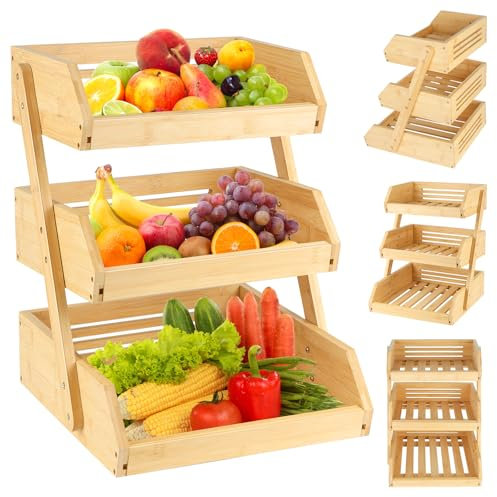 OHMG Panier à Fruit en Bambou,3 Étagespanier de Fruits,Corbeille à Fruits à 3 Étages,Support pour Le Rangement Des Légumes,Panier Legumes Rangement