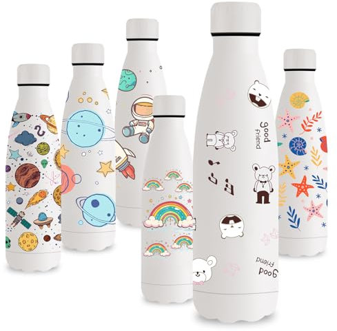 Vikastar Botella Termica, 0.5L Sin BPA, Botella Agua Acero Inoxidable, Reutilizable, Cantimplora, a Prueba de Fugas, Doble Aislamiento, Botella de Agua para Niños, Deportes, Fitness, Blanco Oso