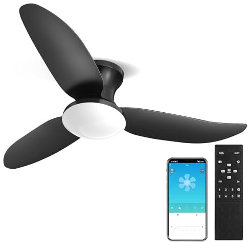 Viugreum Ventilateur de Plafond Noir avec Lumière et Telecommande, Dimmable Ventilateur à 3 Pales LED, Vitesse du Vent à 6 Vitesses, Contrôle intelligent APP, Timing, Lustre Ventilateur Plafond Salon