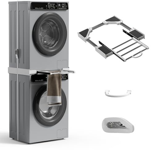 Kit impilabile universale per lavatrice e asciugatrice, 73,7 cm/71,1 cm/68,6 cm/66 cm/63,5 cm/64 cm, impilabile con stendibiancheria estraibile, soluzione salvaspazio piccola con cinghia a cricchetto