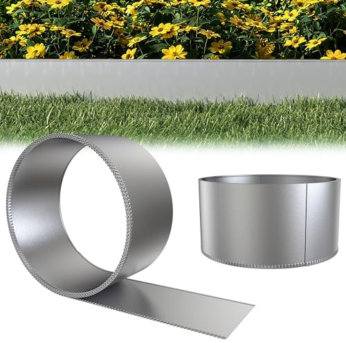 Aufun 5m Rasenkante Beeteinfassung Hochbeet Beetumrandung Mähkante Silber | Höhe 15cm Pflanzring Raseneinfassung aus Metall, Beetbegrenzung Umrandung Gartenbeet, Blumenbeet oder Kiesbeet