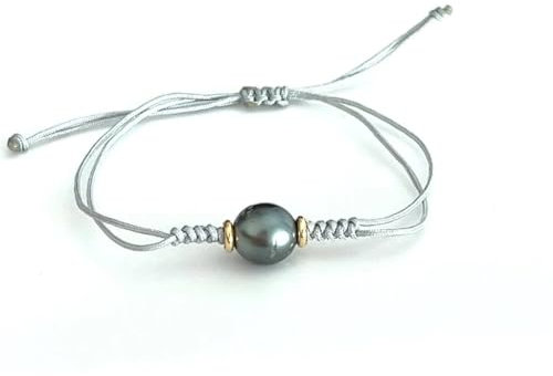 PERORNO Bracelet avec perle de Tahiti Or 18 carats, cordon réglable gris, fait main, Mediano, Or 18 carats, Perle de Tahiti