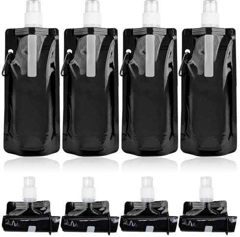 Faltbare Trinkflaschen,4 Stück Trinkbeutel Wiederverwendbare Wasserflaschen 500 ML,Wiederverwendbare Faltbar Wasserflasche,BPA-Freie Wasserflasche mit Clip für Wandern, Abenteuer,Reisen,Zubehör