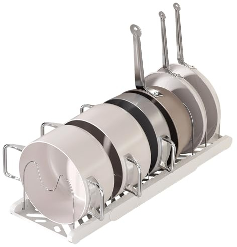 Ziyonix Organizador de Sartenes, Soporte Sartenes Expandible de Cocina con 7 Compartimentos Ajustables, Soporte Sartenes de Cocina para Ollas Tapas de Ollas Platos Tablas de Cortar (Blanco)