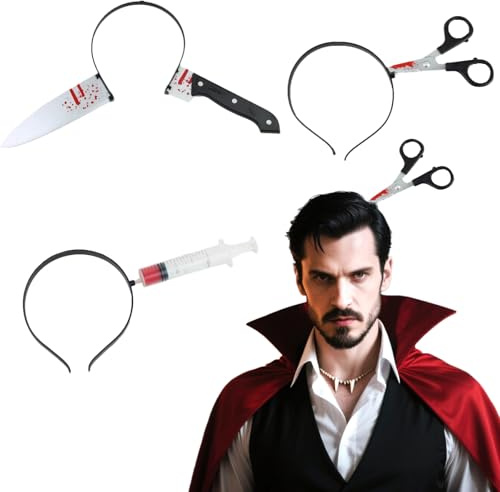 ASFWAGQ Messer im Kopf Haarreif,3 PCS Halloween Haarschmuck,Halloween Zombie Kostüm,Horror Haarschmuck Messer Syringe Schere für Halloween Karneval Cosplay