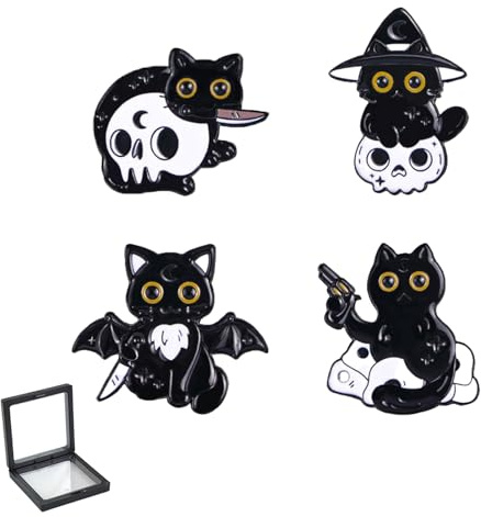 Floatdream 4 Pièces Badge Chat Noir D'halloween, Broche Chat Noir Gothique Punk,Broche en Métal de Chat noir, pour Vêtements, Des Sacs à Dos Et Des Chapeaux(Avec Boîte de Stockage)