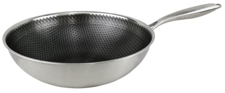 Cook&Pan Wokpfanne Induktion 30cm - Edelstahl Wok Pfanne mit [kratzfester] Antihaftbeschichtung PFAS & Teflon-frei - Tiefe Bratpfanne (9,5cm) Non Stick Pan [Ofen- & Spühlmaschinenfest] - Honey Silber