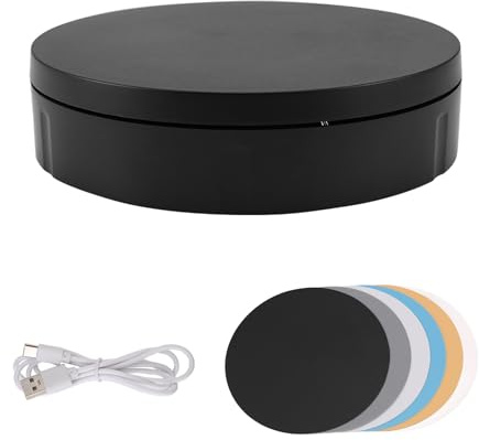 Asyduey Motorized Rotating Display Stand, 360 Degree Photography Turntable with 6 PVC Backgrounds,Battery/USB Power Supply Black