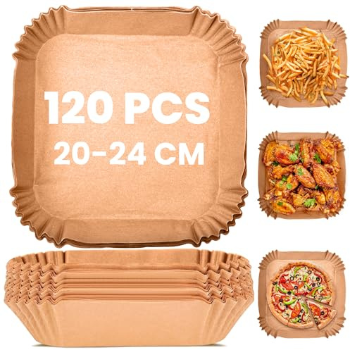KitchenBoss Carta per Friggitrice ad Aria: 120 Pezzi Carta Forno Per Friggitrice ad Aria Quadrata 20-24cm Antiaderente Impermeabile Antiolio Air Fryer Accessori per Air Fryer Forno Padelle Microonde