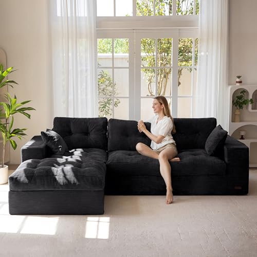 MAXYOYO Sofa mit Schlaffunktion, Ecksofa L Form Cordstoff 264x171 cm Cord Couch Wohnzimmer Schlafsofa mit Ottomane Universal Easy Clean & Pet Friendly,Keine Montage （Schwarz）