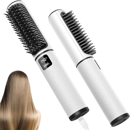 OBEST Cordless Hair Straightener Brush,Hair Straighteners Comb for Women Gift，5000 mAh 2 in 1 Mini Portable Travel Wireless Straightener Comb, 4 Temp Settings,Rechargeable Model,White