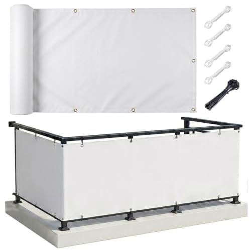 AJALGZ Brise Vue Balcon 0.6x3.5m Blanc – Cache Vue Occultant en PES Imperméable & Anti-UV, Canisse Toile de Protection Vent et Regards pour Balcon, Terrasse, Jardin – avec Serre-Câbles