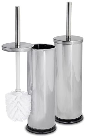 Harbour Housewares Toilet Brush and Holders - Chrome - Pack of 2 - Round Toilet Bowl Brush & Holder Stainless Steel Bathroom Deep Cleaning Scrub