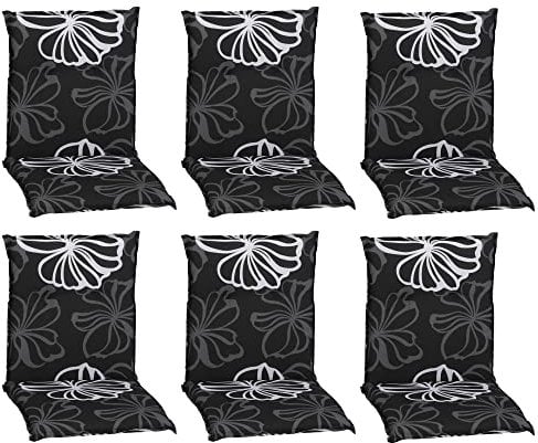 NYVI Gartenstuhl Auflagen Niedriglehner 6er Set Barcelona - UV-Beständig, Atmungsaktiv, Strapazierfähig - Niedriglehnerauflagen Outdoor - Sitzauflagen für Gartenstühle 100x50cm Black Flower
