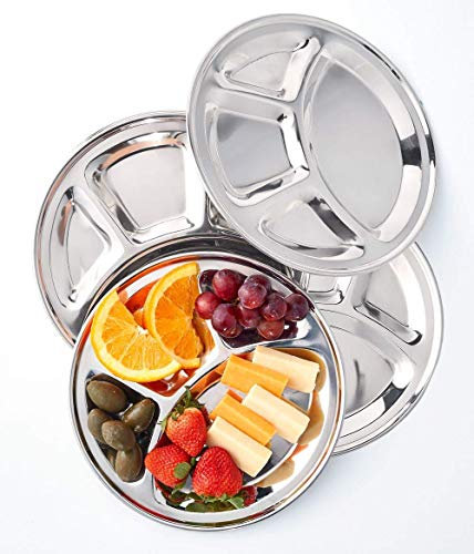 WhopperIndia Edelstahl Teller rund 4-fach Thali, Kinder, Kinder, Kleinkinder, Küche Esstisch Teller 4 Stk. 33 cm