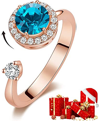 DYD Ringe Rosegold Damen, Rotierende Geburtsstein Ring Platin für Damen Kristall, Ring Schmuck Größe 5-9