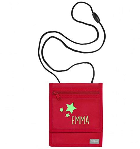 Brustbeutel mit Namen | Motiv Sterne inkl. Namensdruck personalisiert & Bedruckt | Geldbörse Kindergeldbeutel Münzfach für Kinder Jungen Mädchen mit Klettverschluss zum Umhängen (rot)