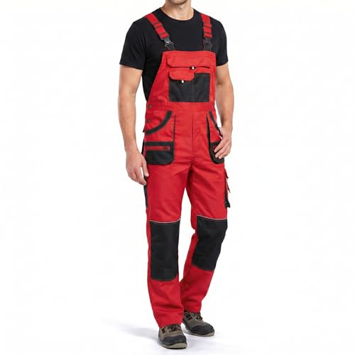 Stenso EM Arbeitshosen Männer - Latzhose Herren Arbeitshose mit Zwei Voluminösen Doppeltaschen, Brusttasche, Cargotasche, Verstärkten Knien, Werkzeugschlaufe - Arbeitslatzhose Herren - Rot EU48