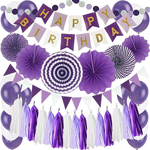 ZERODECO Geburtstagsdeko, Violet Geburtstag Dekoration Happy Birthday Girlande mit Papier Fans Fächer Dreieckige Wimpel Papier-Quaste Girlanden und Luftballon