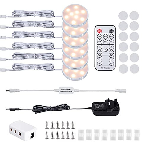 LABOREDUCER Under Cabinet Light Kitchen Kit,Dimmable Display Cabinet Lighting Cupboard Lights with Remote Control,6 Pack Puck Lights Under Cabinet Kitchen Lighting for Closet,Counter,Shelf,Wardrobe