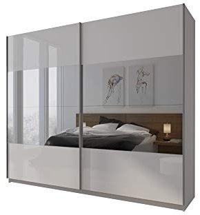 lukmebel Kleiderschrank - Kleiderstange Schrank - LINA II 244x62x215 cm - Schwebetürenschrank mit Spiegel - Schrank Weiß-Hochglanz - Schlafzimmer Möbel - Garderobenschrank - Mehrzweckschrank