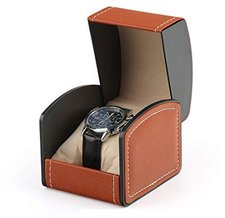 NuAngela PU Leder Uhrenbox,Einzeldisplay Aufbewahrungsbox für Armbanduhren und Smartwatches,Halter mit Kissen,Schmuckträger Geschenkbox für Damen/Herren,Geburtstag(Braun)