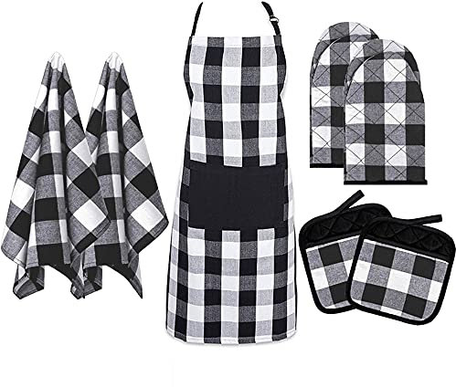 Kaxich Ofenhandschuhe, Topflappen, Küchentücher und Schürze, Baumwollfutter Schürzenset Hitzebeständige Topfhandschuhe für die Küche die Kochen Backen BBQ (7 Stück)