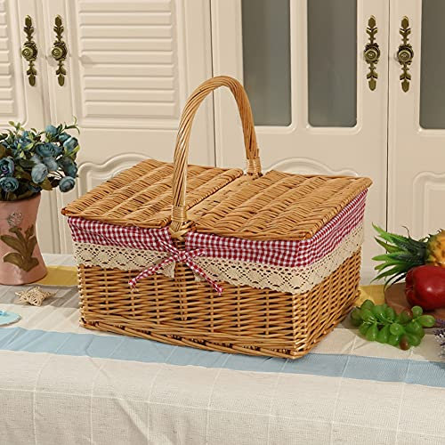 YXW Picknickkorb Weidenkorb mit Deckel und Henkel für 2-4 Personen, Handgewebter Picknick Korb Leer mit Innenfutter Im Landhausstil, Rechteckiger Tragbarer Präsentkorb, Rot Weiß Gestreift