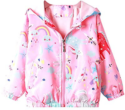 Domueay Niña Chaquetas Capucha Cazadora Unicornio Rosa Abrigos Impermeables Arcoíris Casual Ligero Fino Manga Larga Cortavientos con Cremallera Primavera Otoño Ropa 5-6 Años