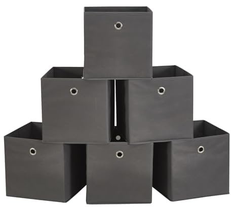 Webeasy Square Canvas Fabric Storage Box, Pack of 6 Eyelet Cube Foldable Open Bins for Home Office Nursery Organisation,Grey,28X28X28(CM)