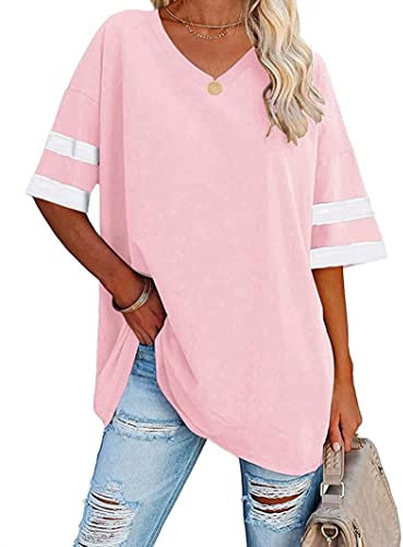 Famulily Ladies Summer Basic Oversized Tops T Shirt Women V Neck Half Sleeve Tops Pink XXL