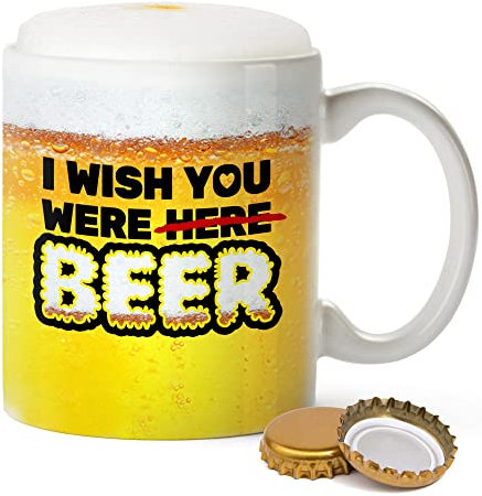 Bier Tasse mit Spruch, I wish you were beer, Lustige Tassen, Kaffeetasse mit Spruch, Bier Geschenke für Männer, 300 ml Kaffeebecher, Bier Geschenk, Teetasse, Vatertagsgeschenk, Männergeschenke