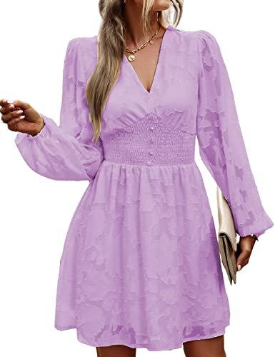 BebreezChic Kleid Damen Langarm Elegant V-Ausschnitt Minikleid Einfarbig Blumen Hohe Taille Plissee Partykleid Casual für Frühling Sommer 2023, Lila M